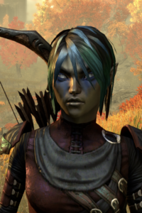 Screenshot of Marwyth from the login screen of ESO. She is a Dunmer with short black hair streaked with blue, and odd translucent eyes. She is wearing dark blue and purple leather armor, and is carrying a bow and arrows on her back.